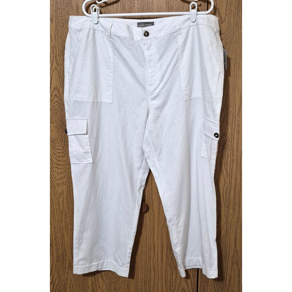 Falls Creek Women's White Relaxed Fit Linen Blend Pants Pockets Size 24 NWT